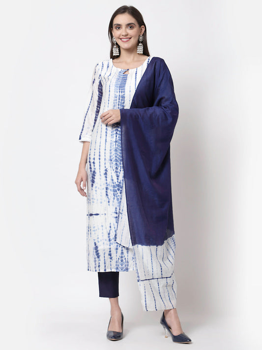 Women White Tie n Dye Printed Kurta Pant with Dupatta Set by Myshka (
