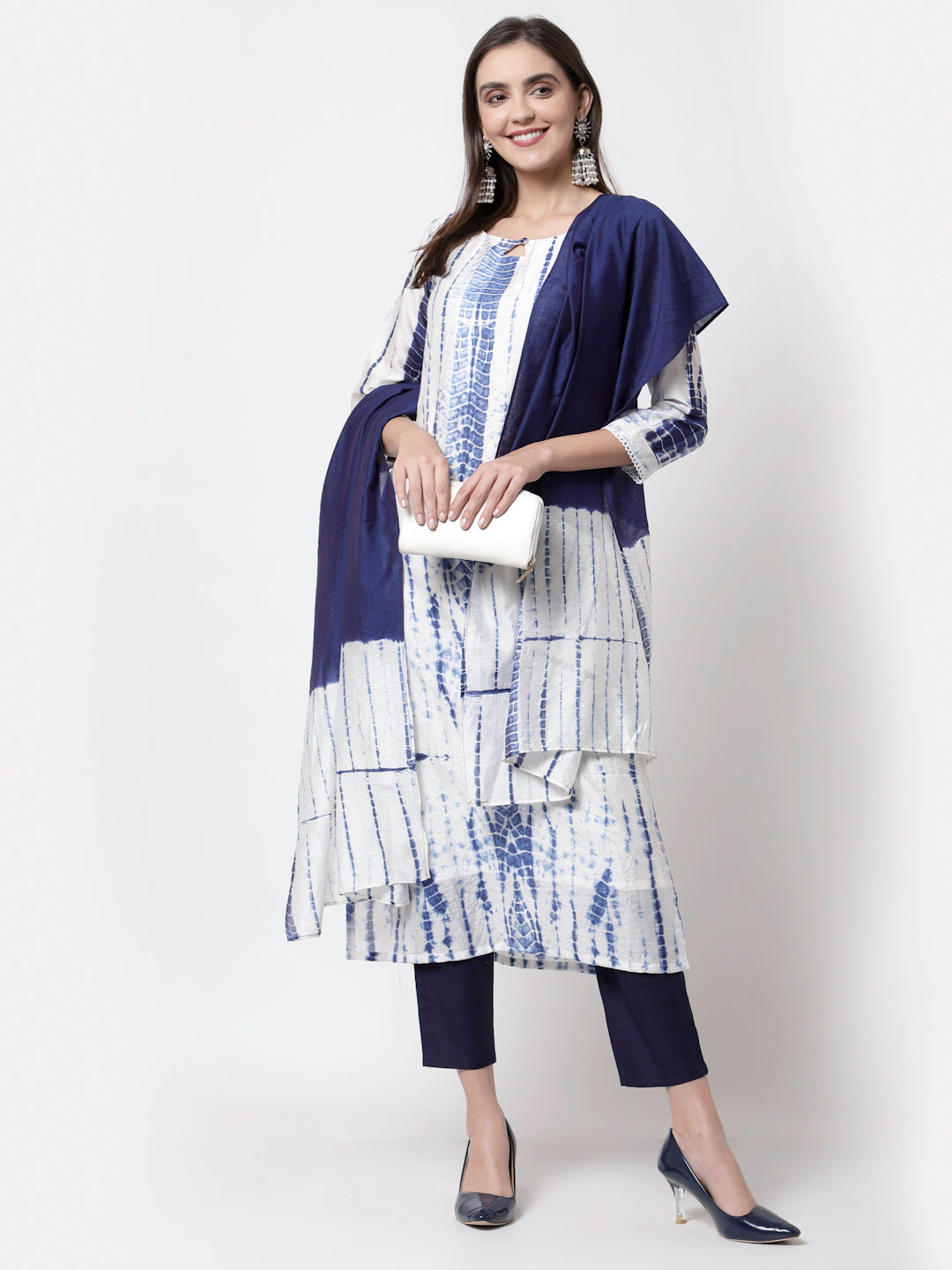 Women White Tie n Dye Printed Kurta Pant with Dupatta Set by Myshka (