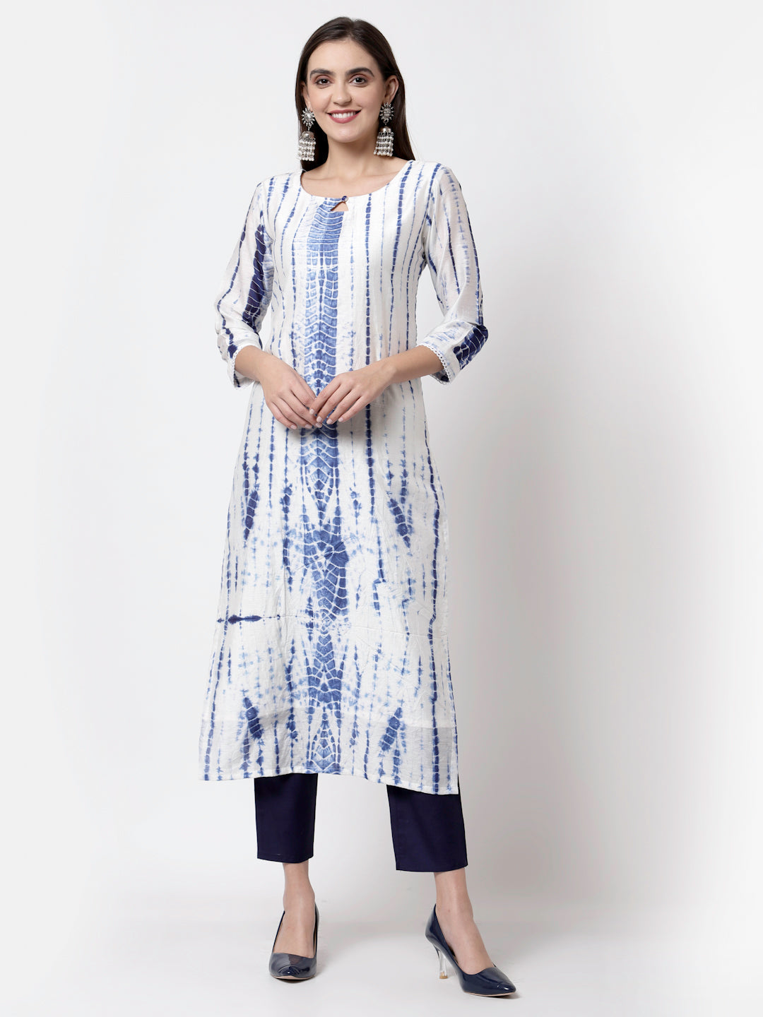 Women White Tie n Dye Printed Kurta Pant with Dupatta Set by Myshka (