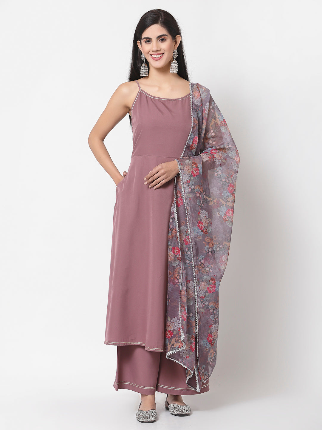 Women's Mauve Purple Kurta Palazzo & Dupatta Set (3 Pc Set)