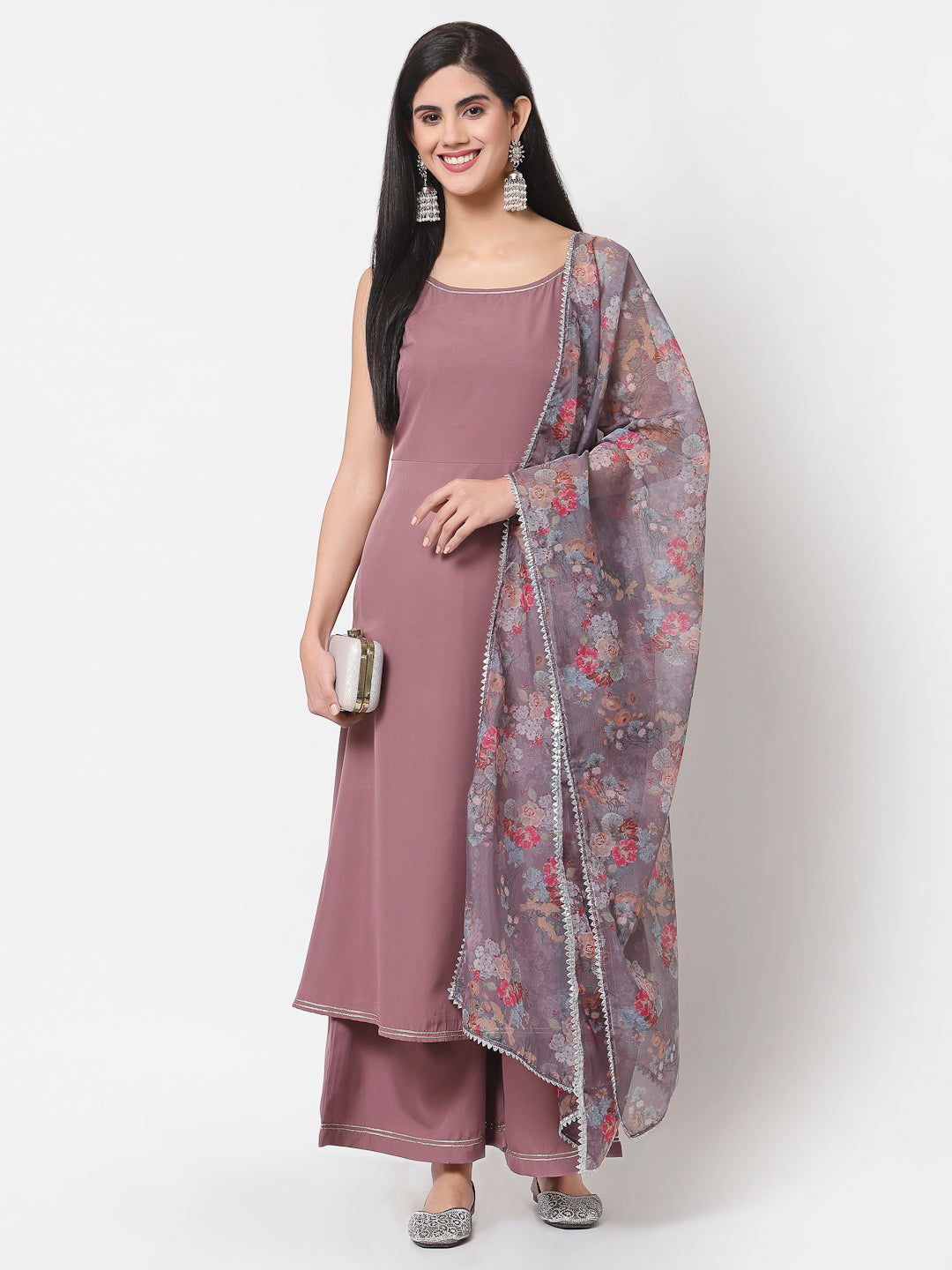Women's Mauve Purple Kurta Palazzo & Dupatta Set (3 Pc Set)