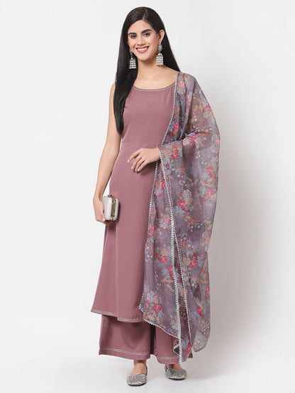 Women's Mauve Purple Kurta Palazzo & Dupatta Set (3 Pc Set)