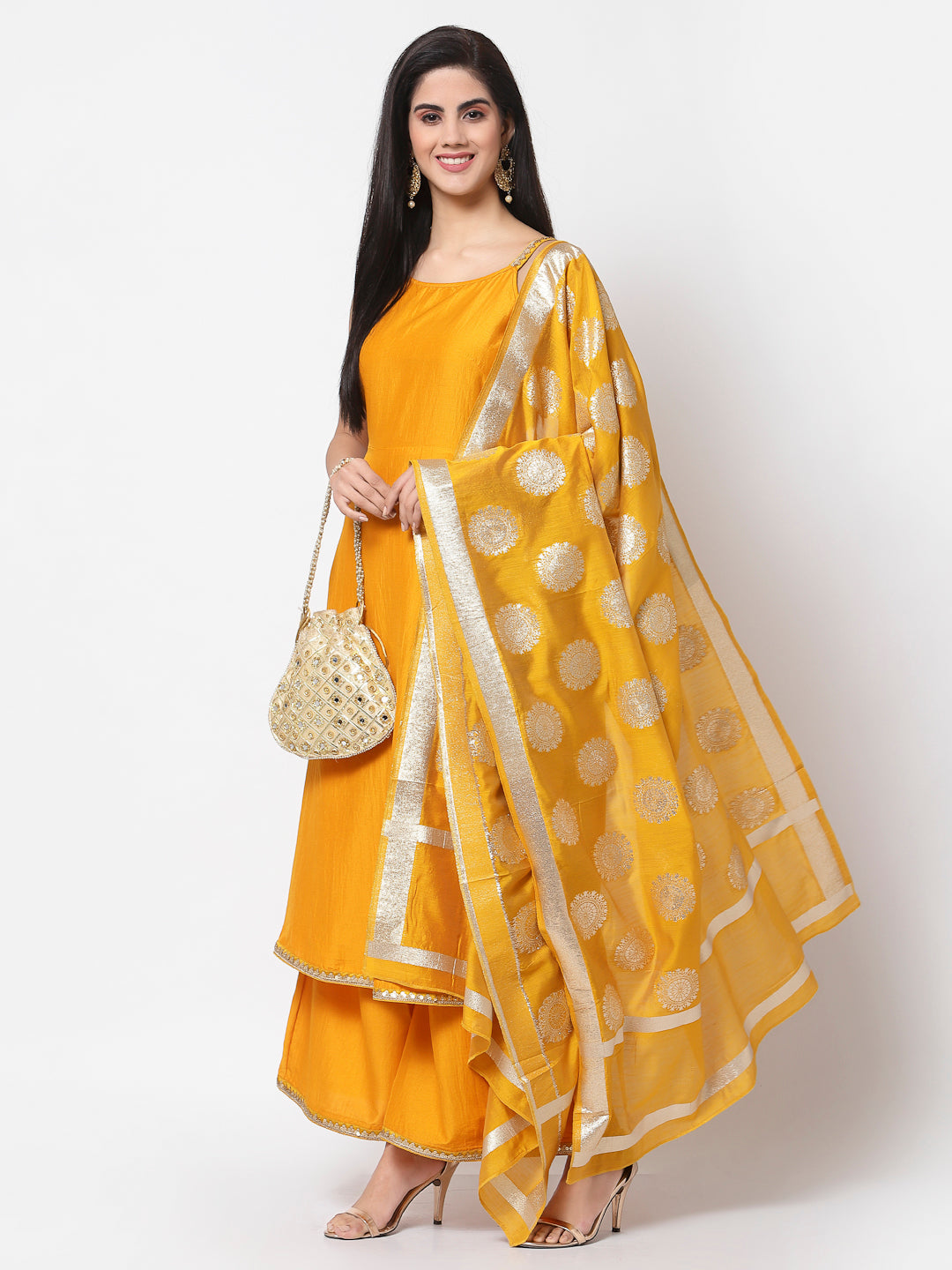 Women's Yellow Silk Kurta with Palazzo and Dupatta set (3 Pc Set)