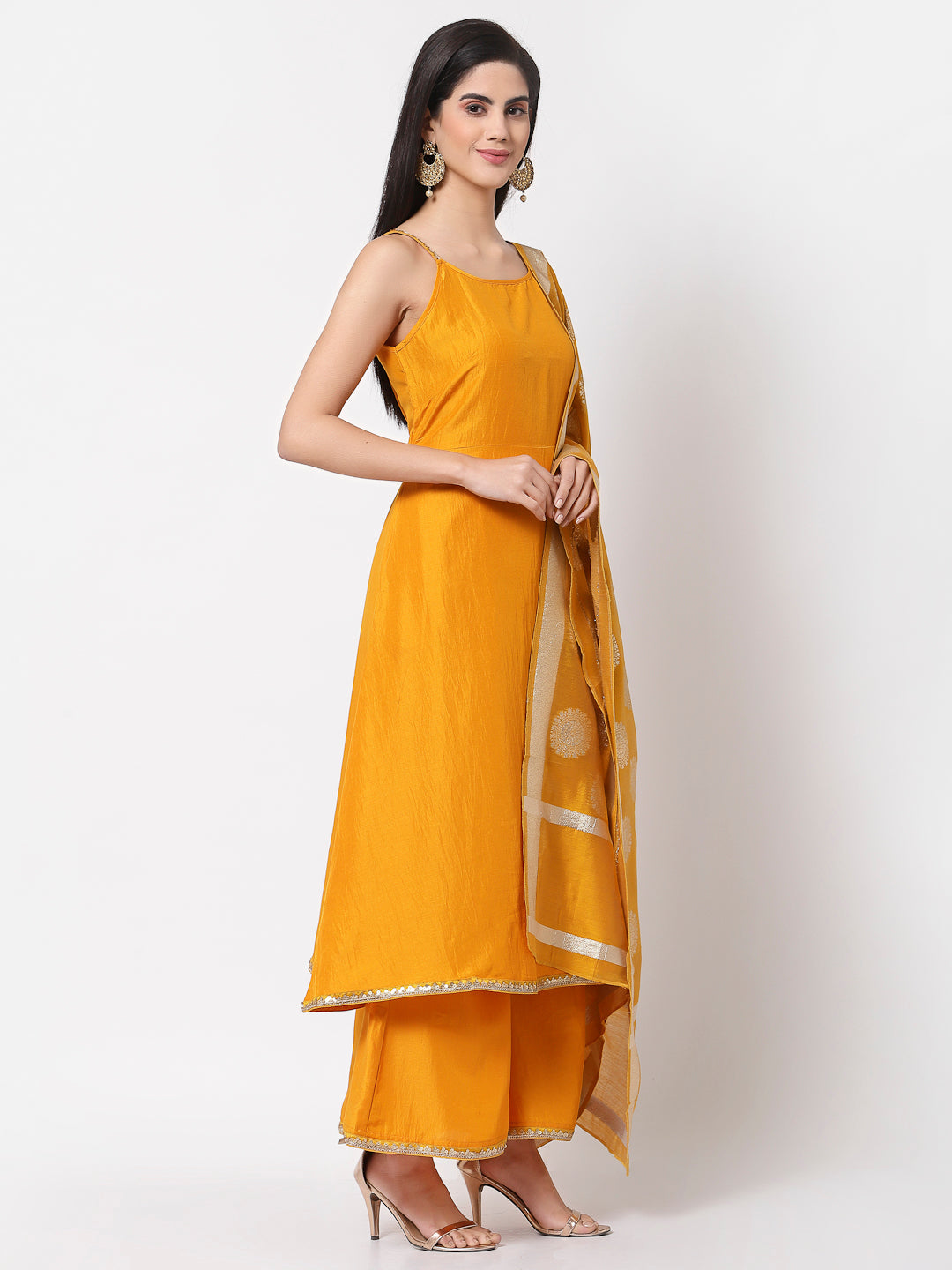 Women's Yellow Silk Kurta with Palazzo and Dupatta set (3 Pc Set)