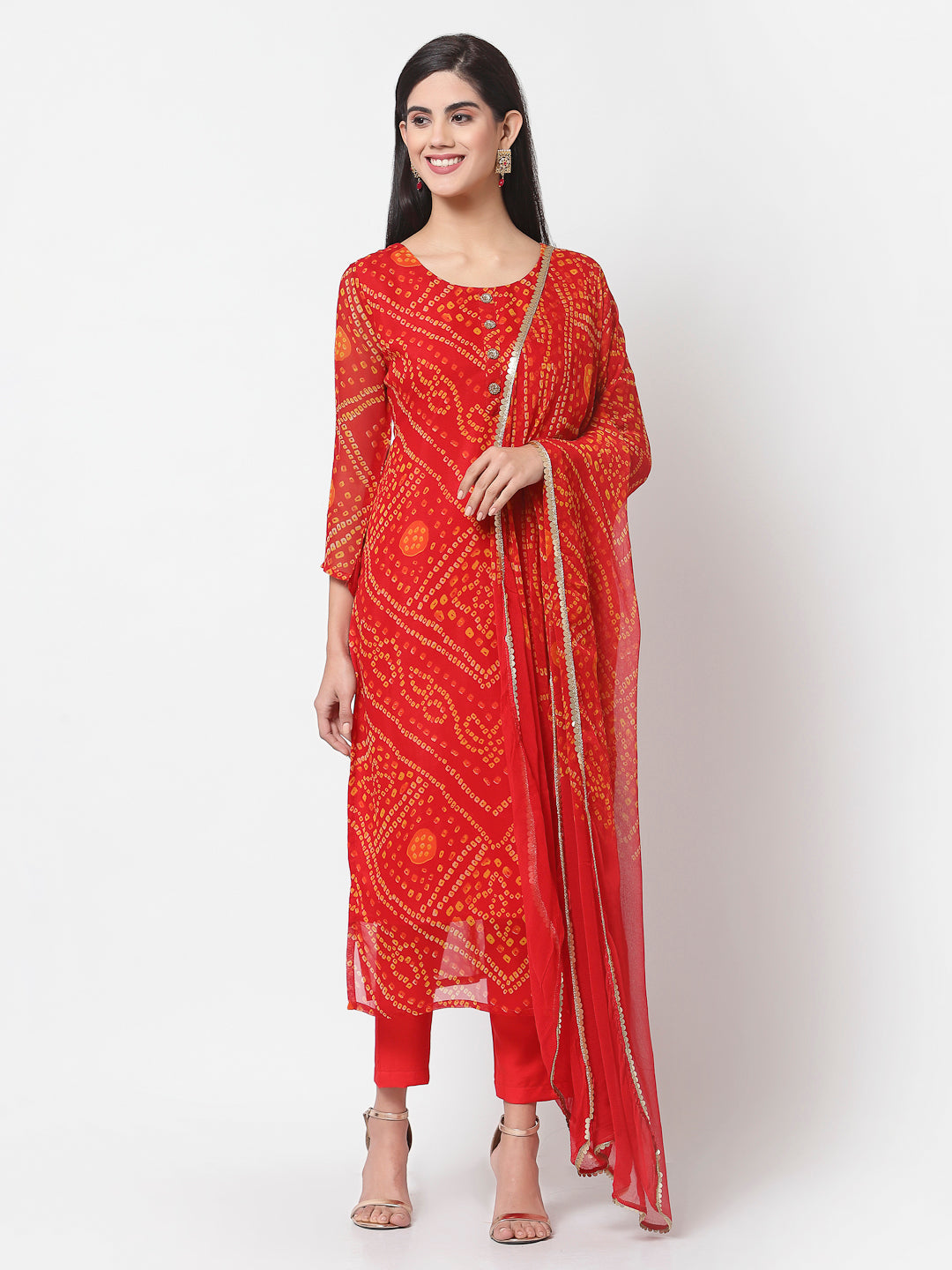 Women's Red georgette Printed Kurta Pant & Dupatta Set (3 Pc Set)