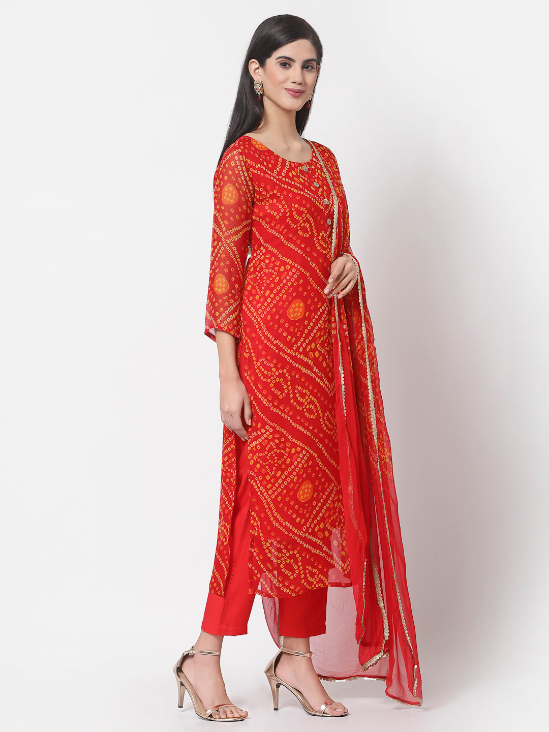 Women's Red georgette Printed Kurta Pant & Dupatta Set (3 Pc Set)