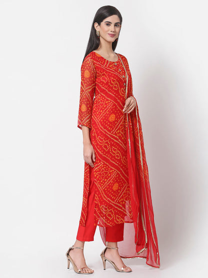 Women's Red georgette Printed Kurta Pant & Dupatta Set (3 Pc Set)
