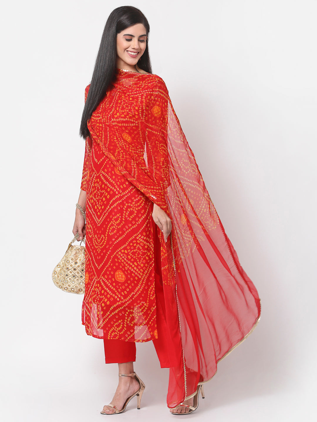 Women's Red georgette Printed Kurta Pant & Dupatta Set (3 Pc Set)