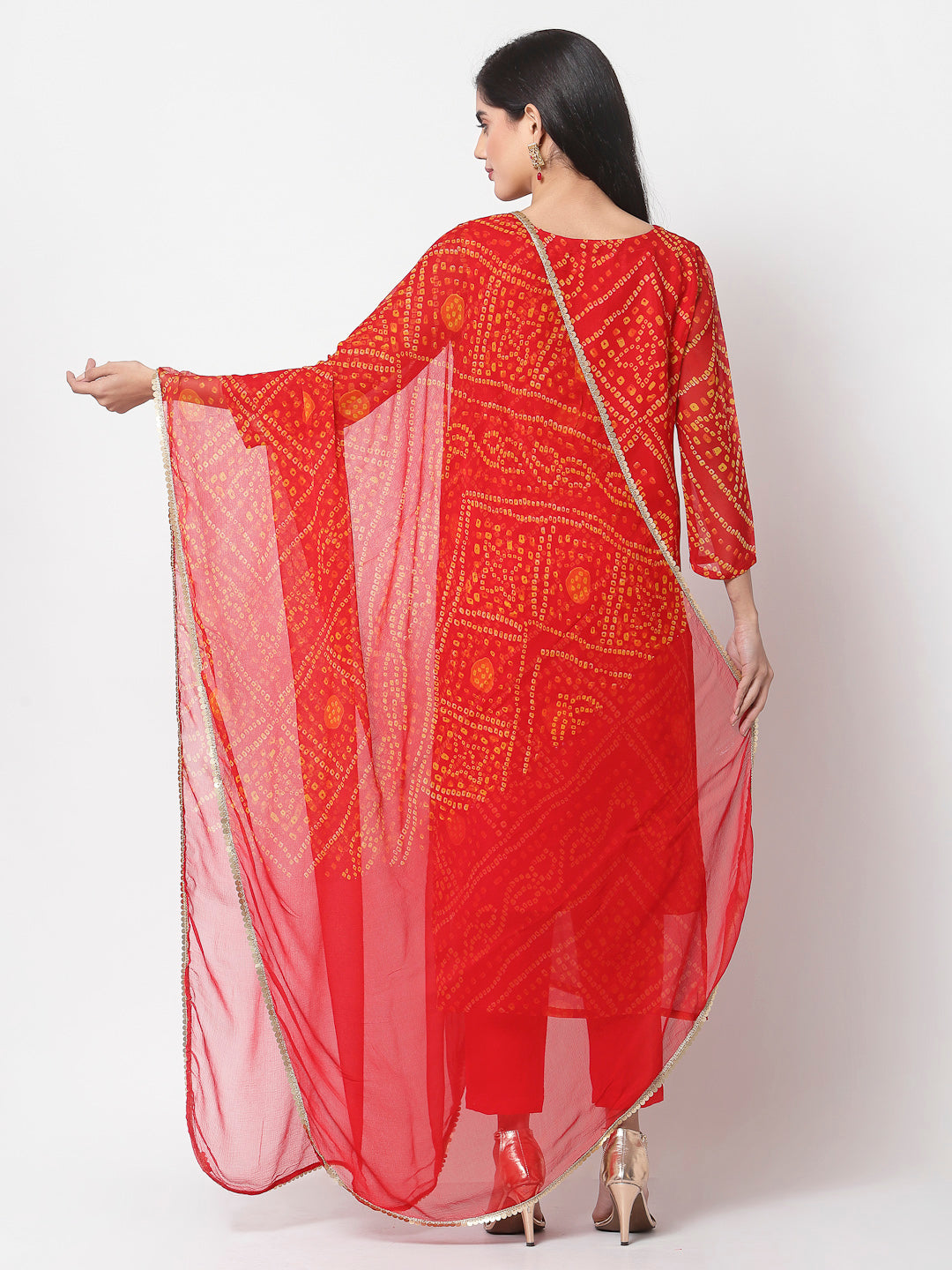 Women's Red georgette Printed Kurta Pant & Dupatta Set (3 Pc Set)