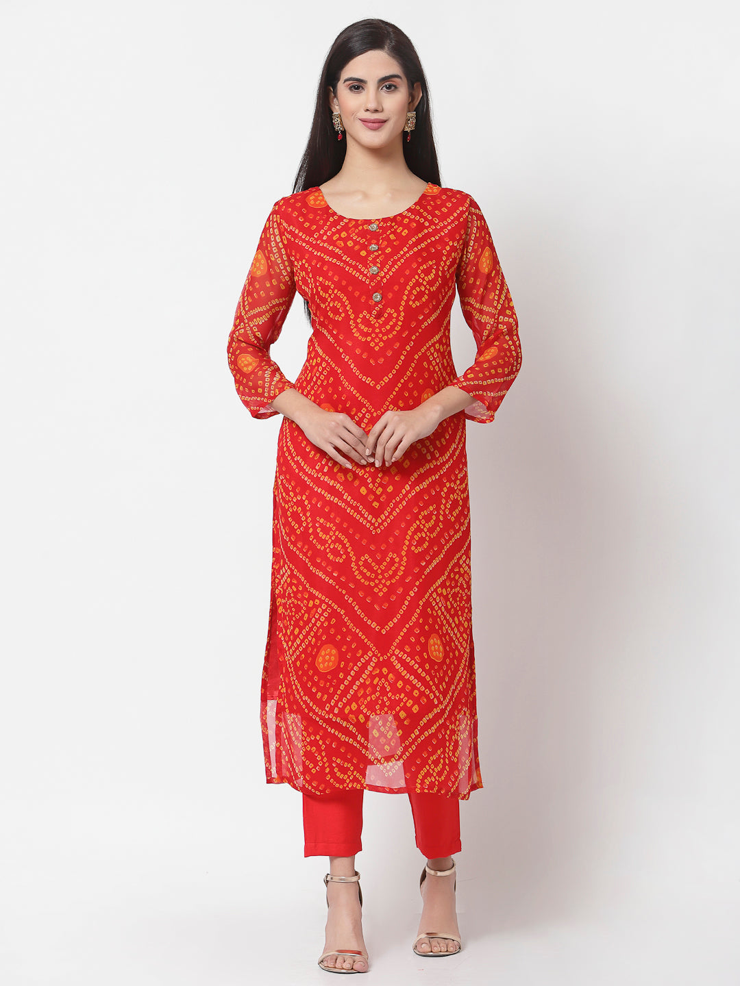 Women's Red georgette Printed Kurta Pant & Dupatta Set (3 Pc Set)