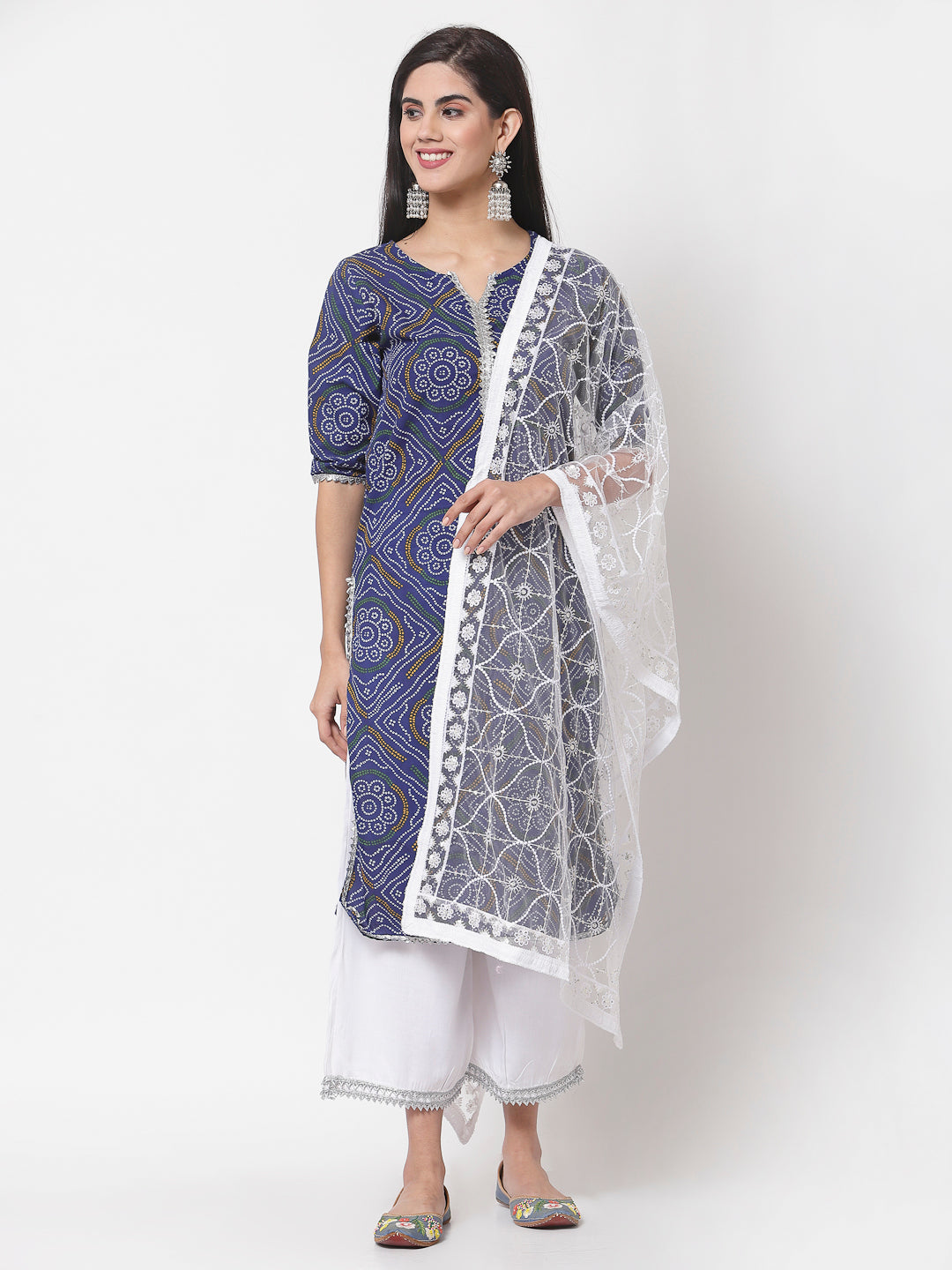 Women Blue Cotton Printed Kurta with Palazzo & Dupatta Set by Myshka (