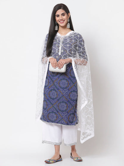 Women Blue Cotton Printed Kurta with Palazzo & Dupatta Set by Myshka (