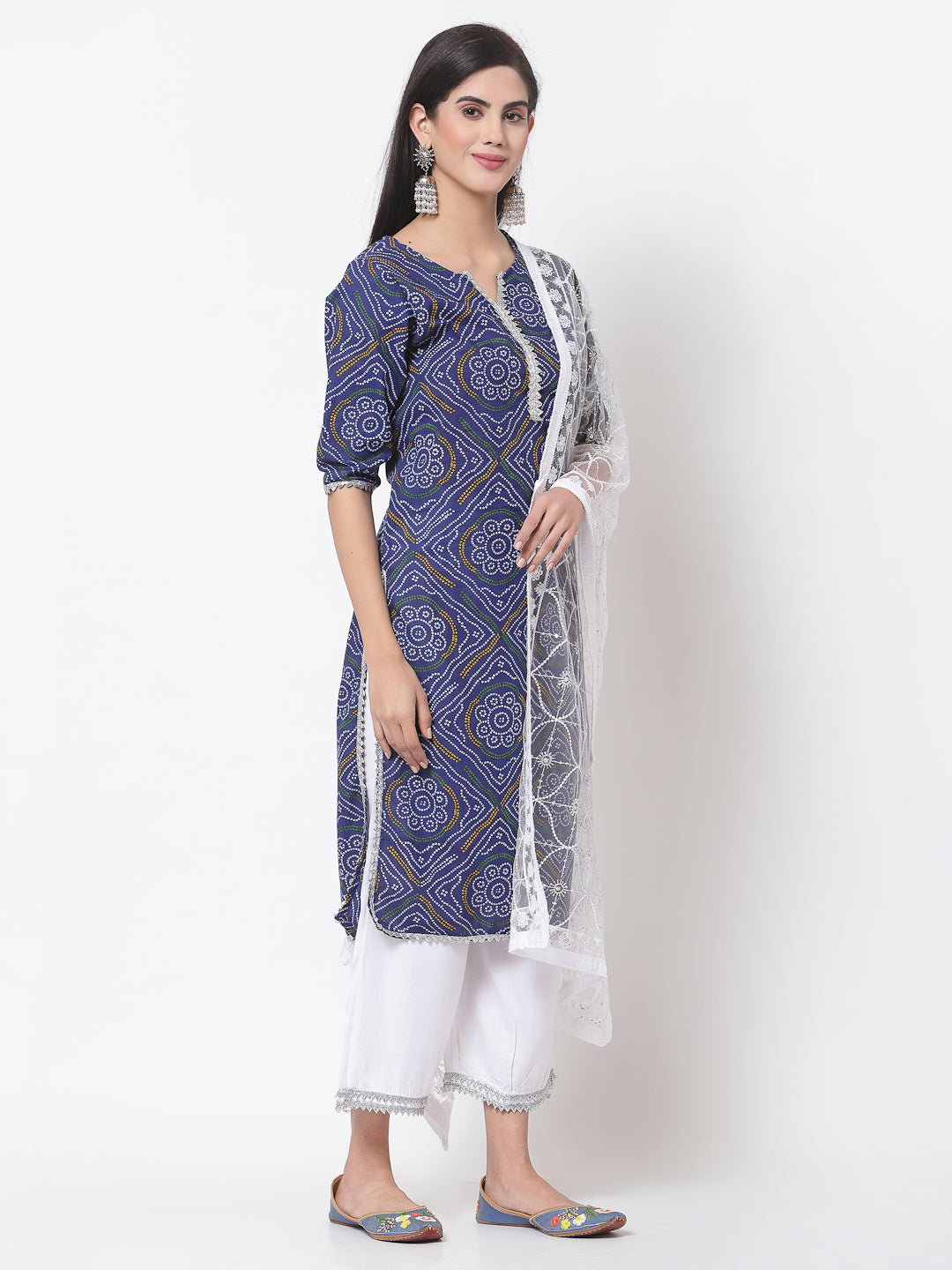 Women Blue Cotton Printed Kurta with Palazzo & Dupatta Set by Myshka (