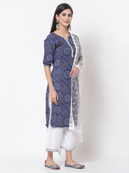 Women Blue Cotton Printed Kurta with Palazzo & Dupatta Set by Myshka (