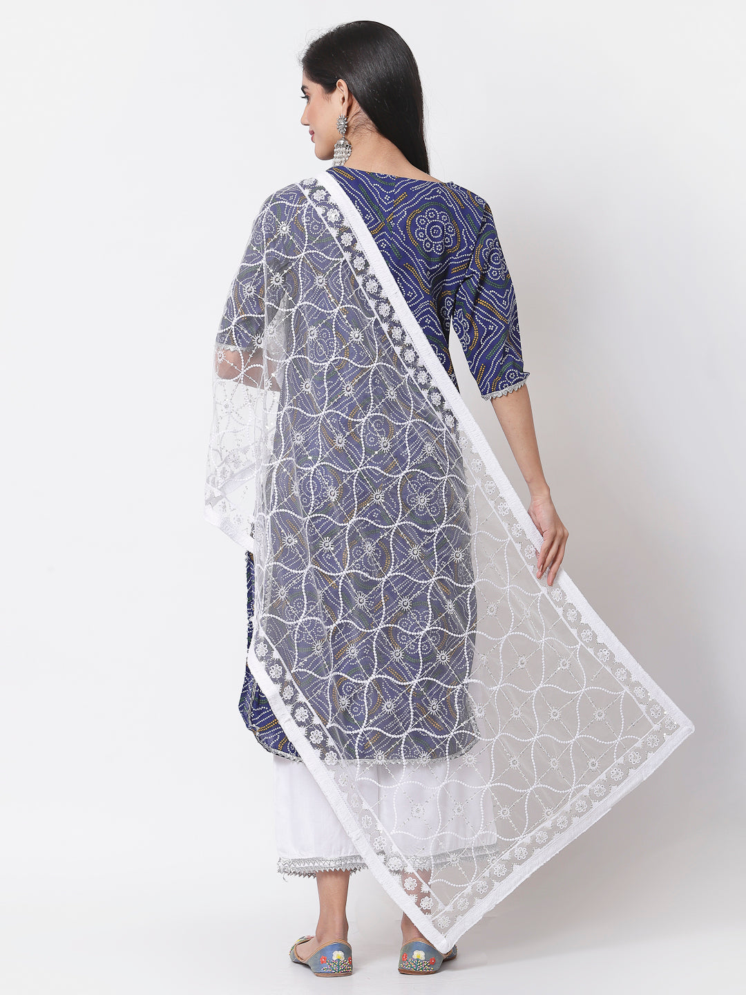 Women Blue Cotton Printed Kurta with Palazzo & Dupatta Set by Myshka (