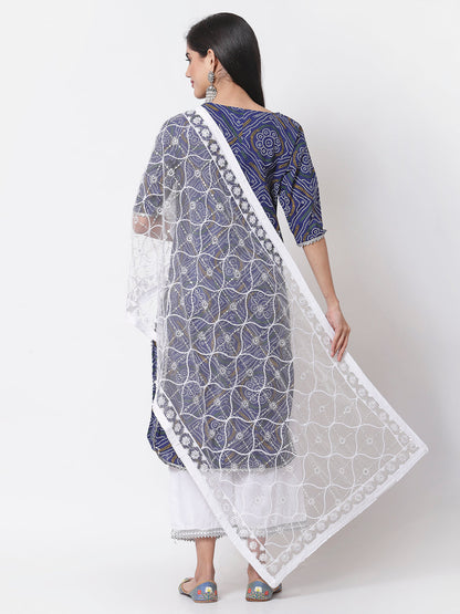 Women Blue Cotton Printed Kurta with Palazzo & Dupatta Set by Myshka (
