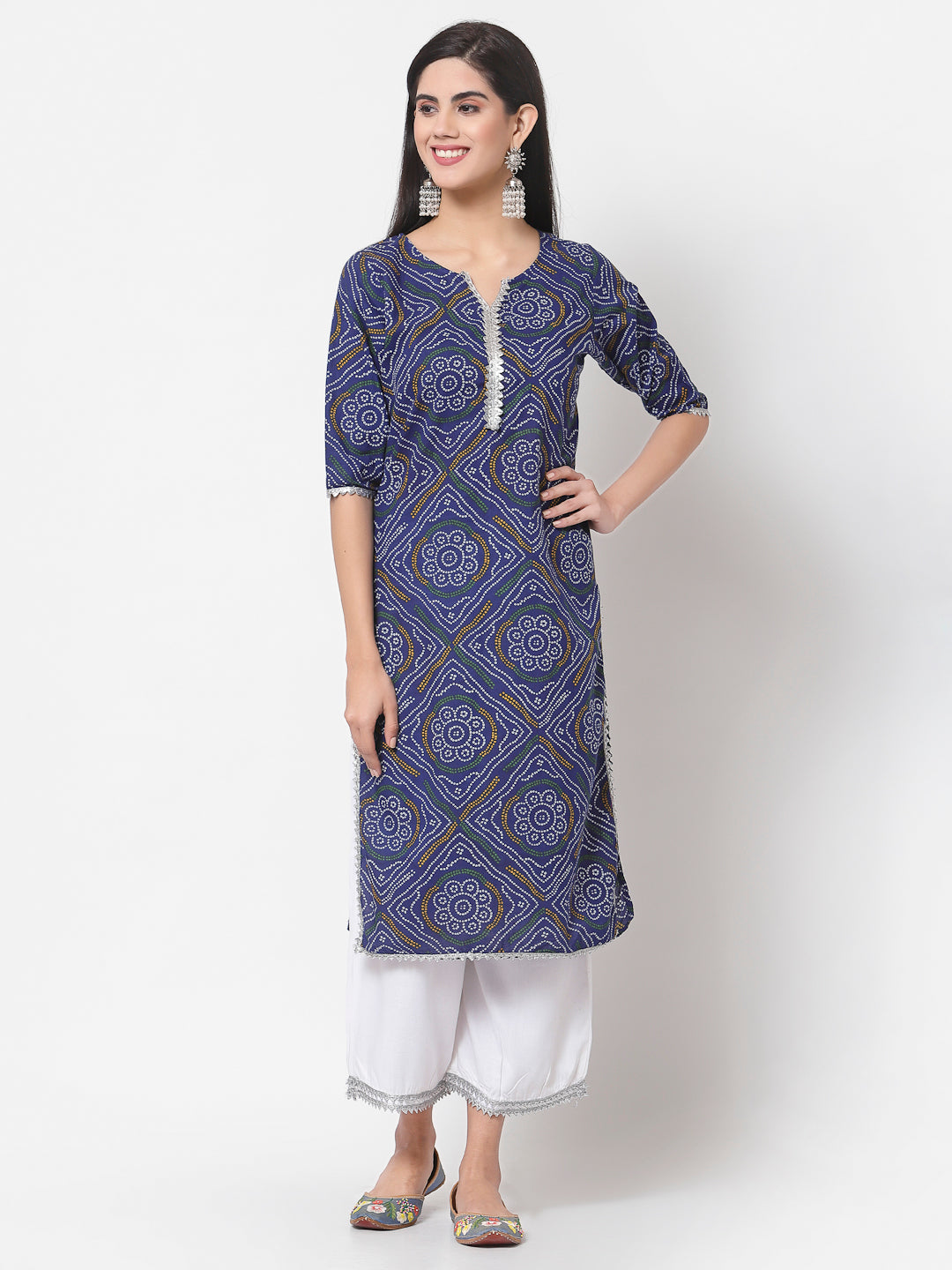Women Blue Cotton Printed Kurta with Palazzo & Dupatta Set by Myshka (