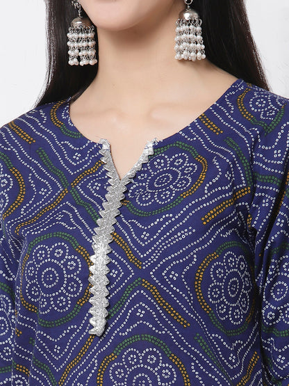 Women Blue Cotton Printed Kurta with Palazzo & Dupatta Set by Myshka (