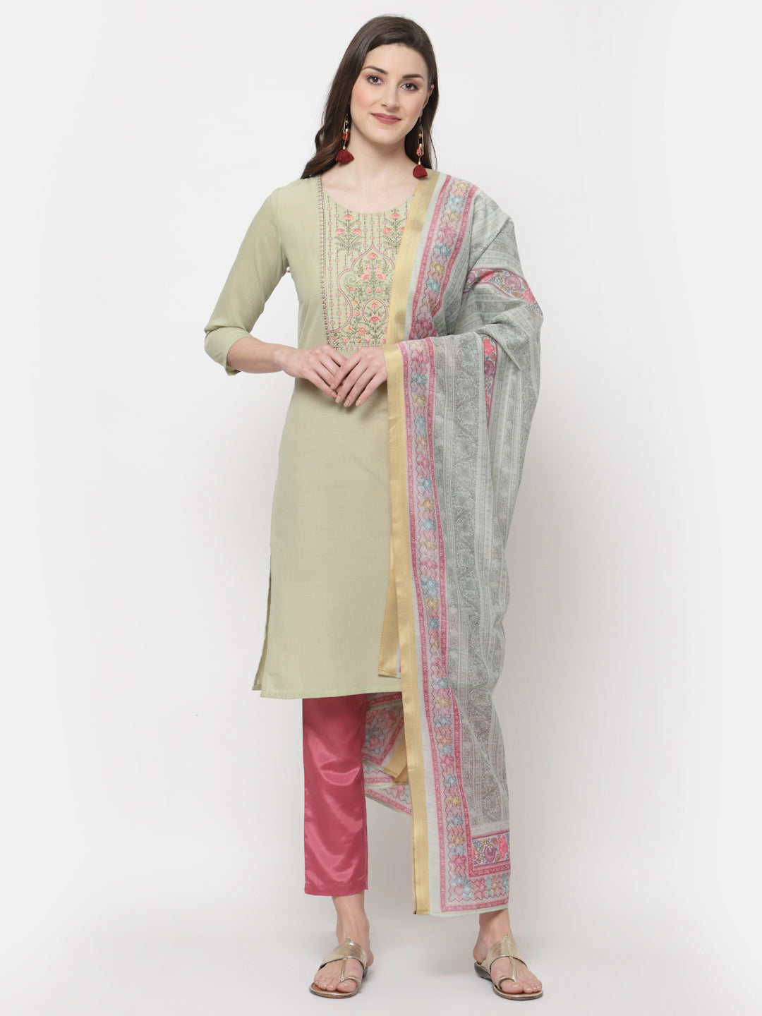 Women's Trendy Style  Green cotton Embroidered 3/4 Sleeve Round neck Kurta Pant Dupatta (3Pieces) set
