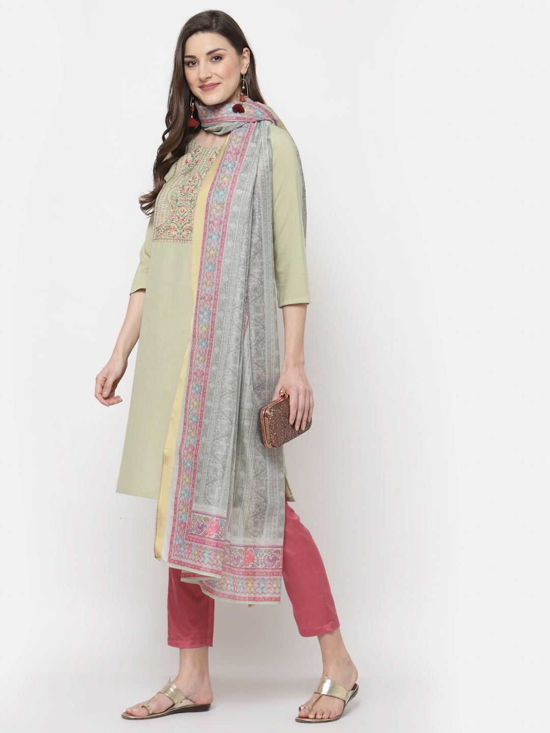 Women's Trendy Style  Green cotton Embroidered 3/4 Sleeve Round neck Kurta Pant Dupatta (3Pieces) set