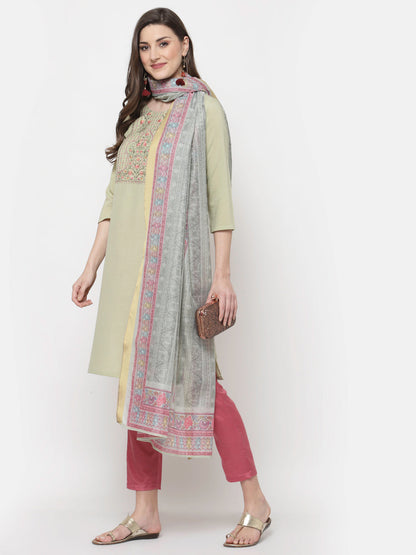 Women's Trendy Style  Green cotton Embroidered 3/4 Sleeve Round neck Kurta Pant Dupatta (3Pieces) set