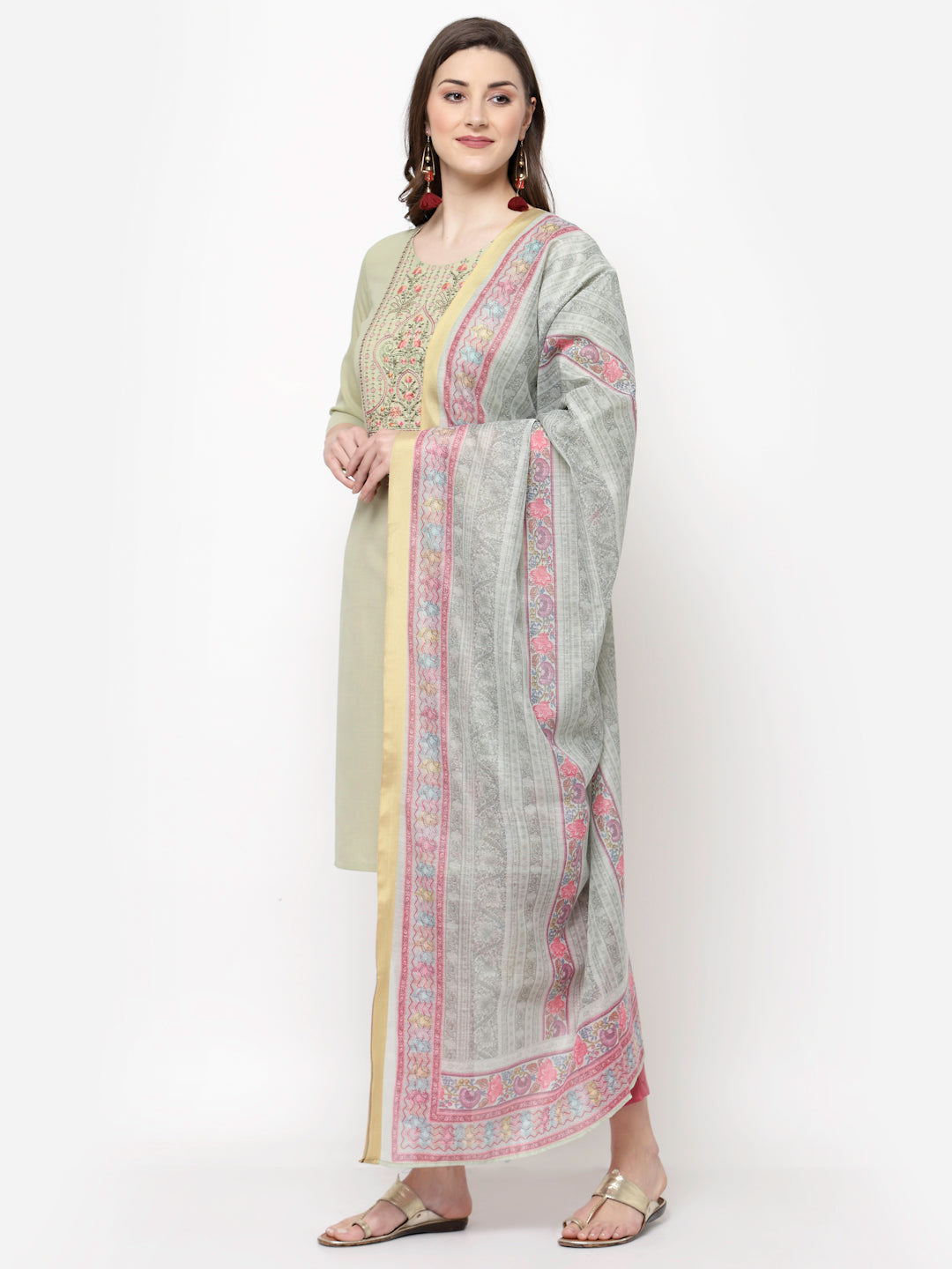 Women's Trendy Style  Green cotton Embroidered 3/4 Sleeve Round neck Kurta Pant Dupatta (3Pieces) set