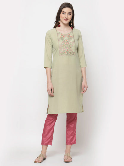 Women's Trendy Style  Green cotton Embroidered 3/4 Sleeve Round neck Kurta Pant Dupatta (3Pieces) set
