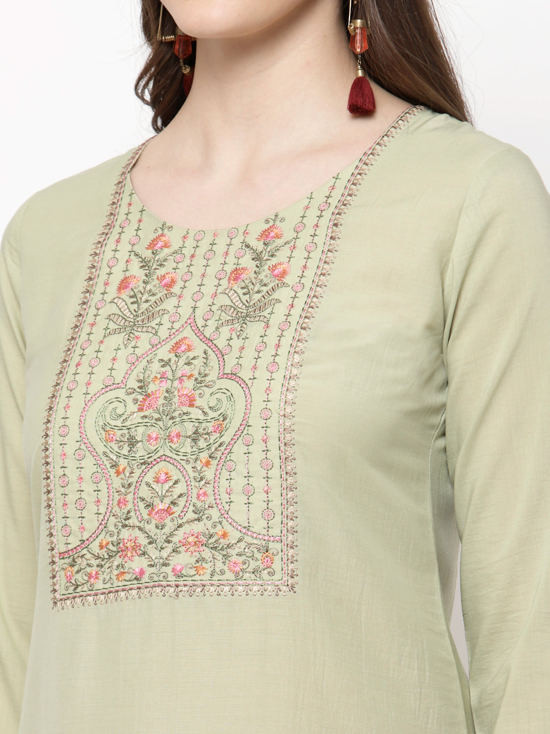 Women's Trendy Style  Green cotton Embroidered 3/4 Sleeve Round neck Kurta Pant Dupatta (3Pieces) set