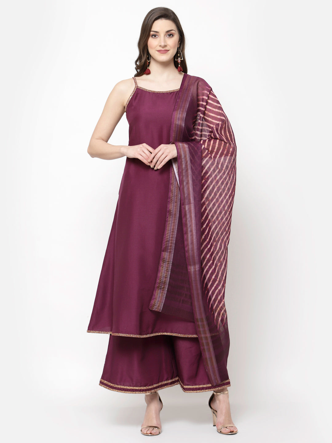 Women's Purple Silk Kurta Palazzo & Dupatta set (3 Pc Set)