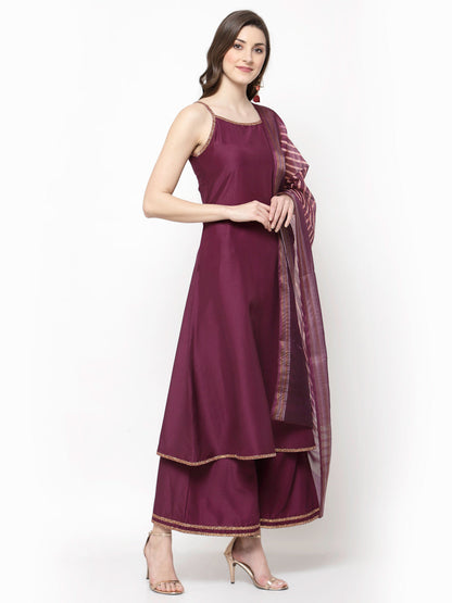 Women's Purple Silk Kurta Palazzo & Dupatta set (3 Pc Set)