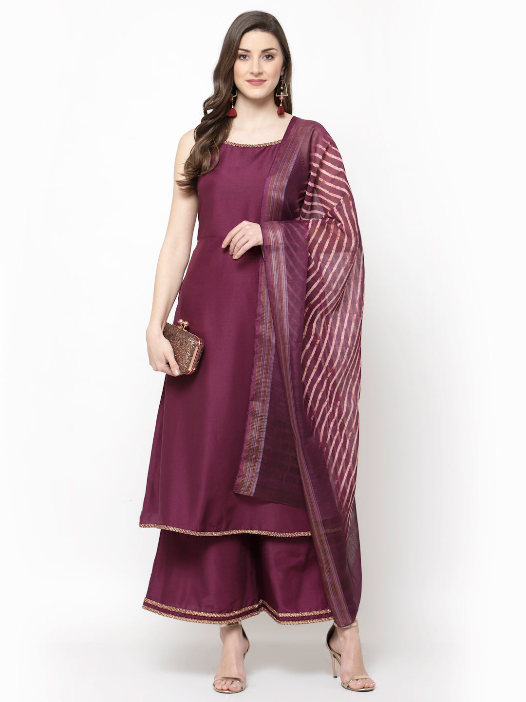 Women's Purple Silk Kurta Palazzo & Dupatta set (3 Pc Set)