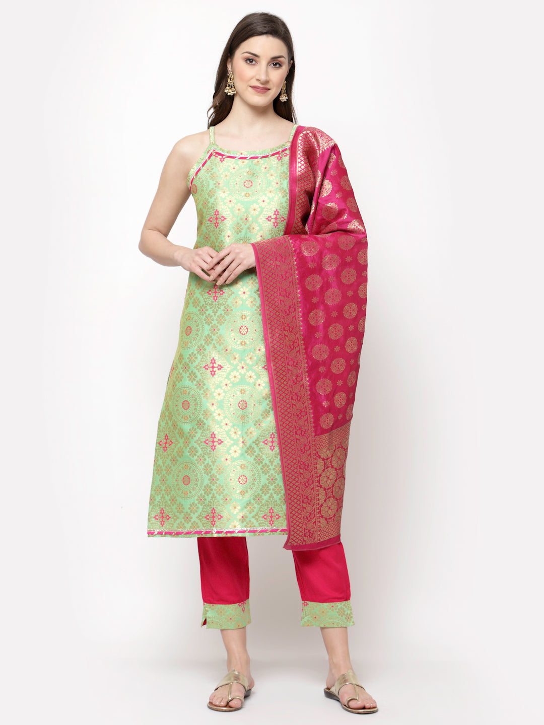 Women Green Printed Kurta Pant & Dupatta Set by Myshka (