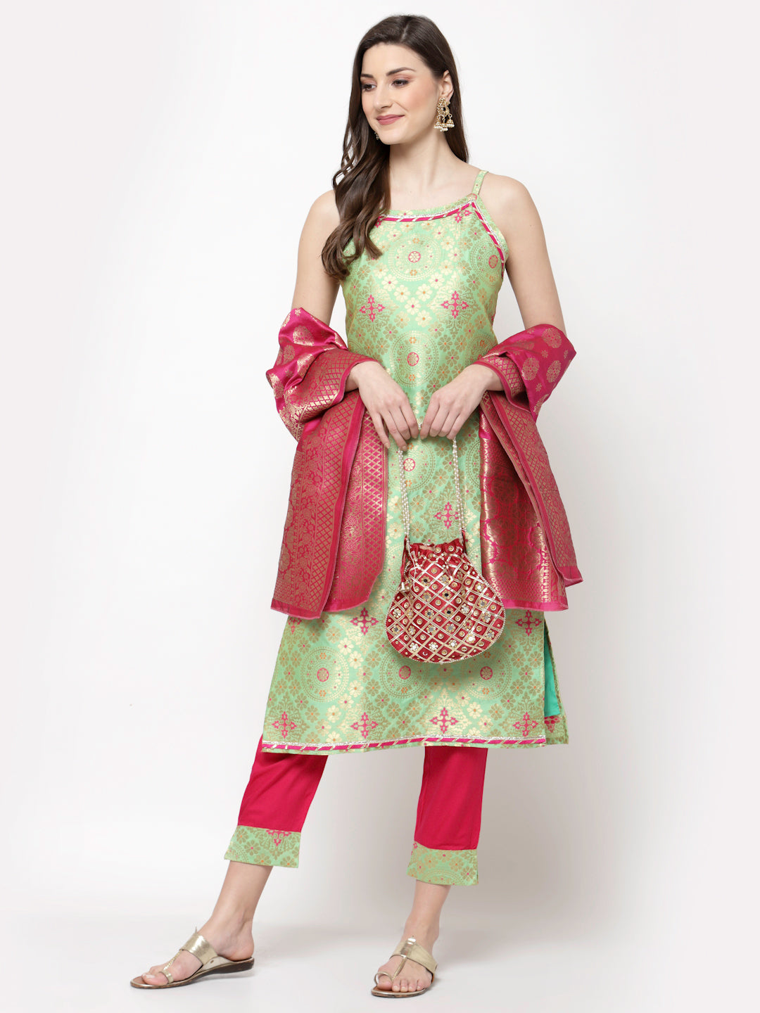 Women Green Printed Kurta Pant & Dupatta Set by Myshka (