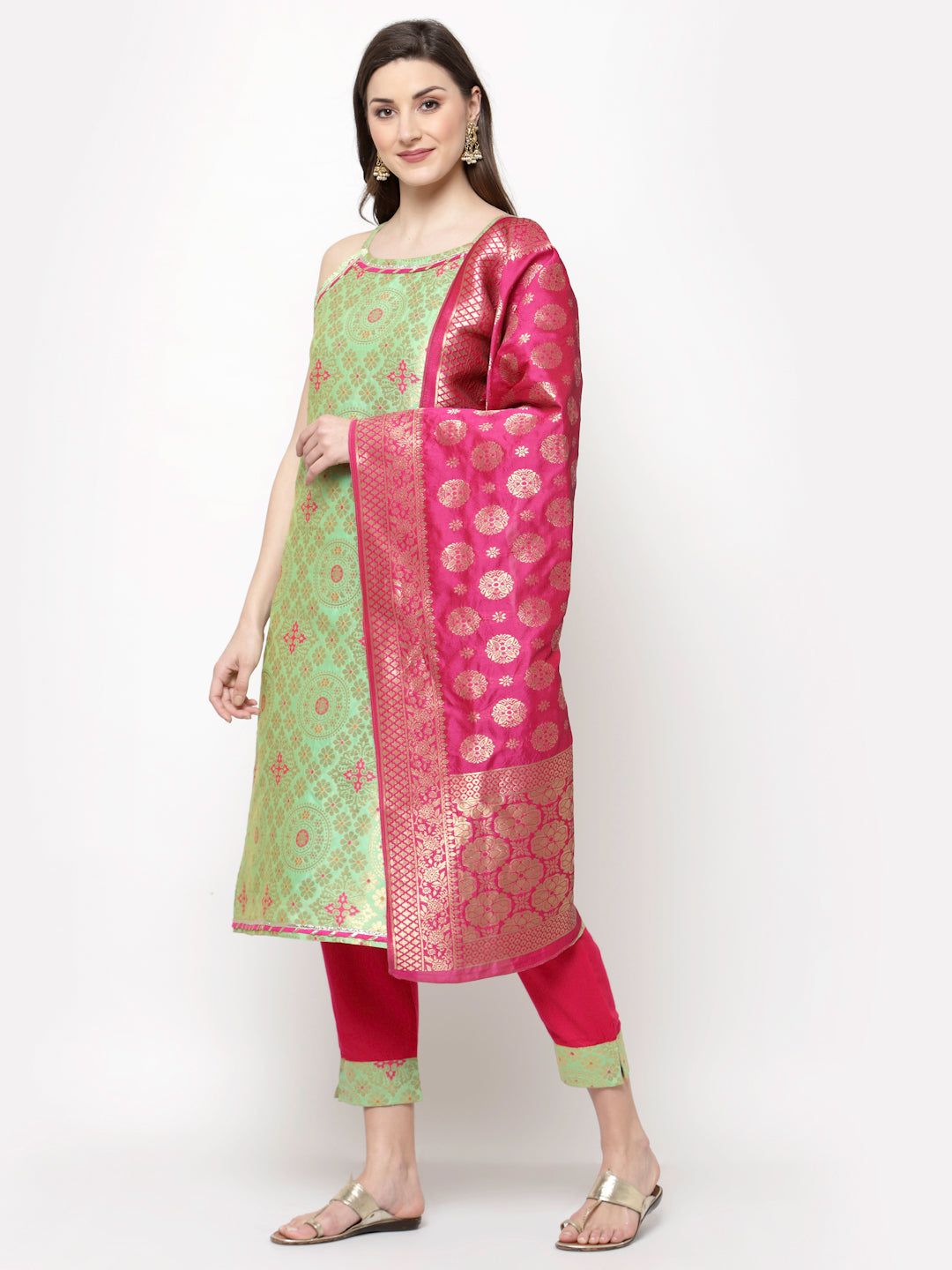 Women Green Printed Kurta Pant & Dupatta Set by Myshka (