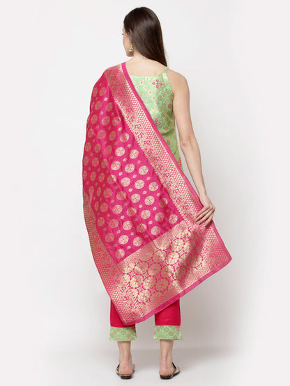 Women Green Printed Kurta Pant & Dupatta Set by Myshka (