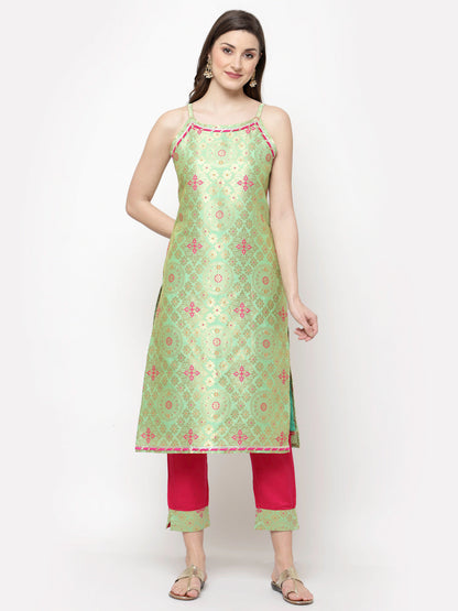 Women Green Printed Kurta Pant & Dupatta Set by Myshka (