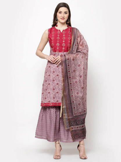 Women's Multicolor cotton blend Printed Sleeveless Round neck Kurta Palazzo Dupatta (3Pieces) set