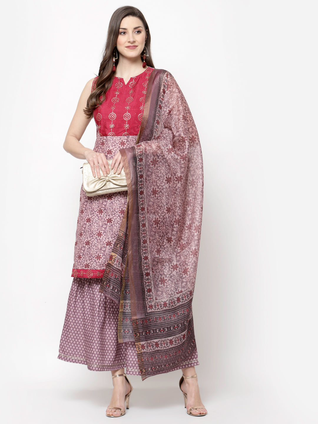 Women's Multicolor cotton blend Printed Sleeveless Round neck Kurta Palazzo Dupatta (3Pieces) set