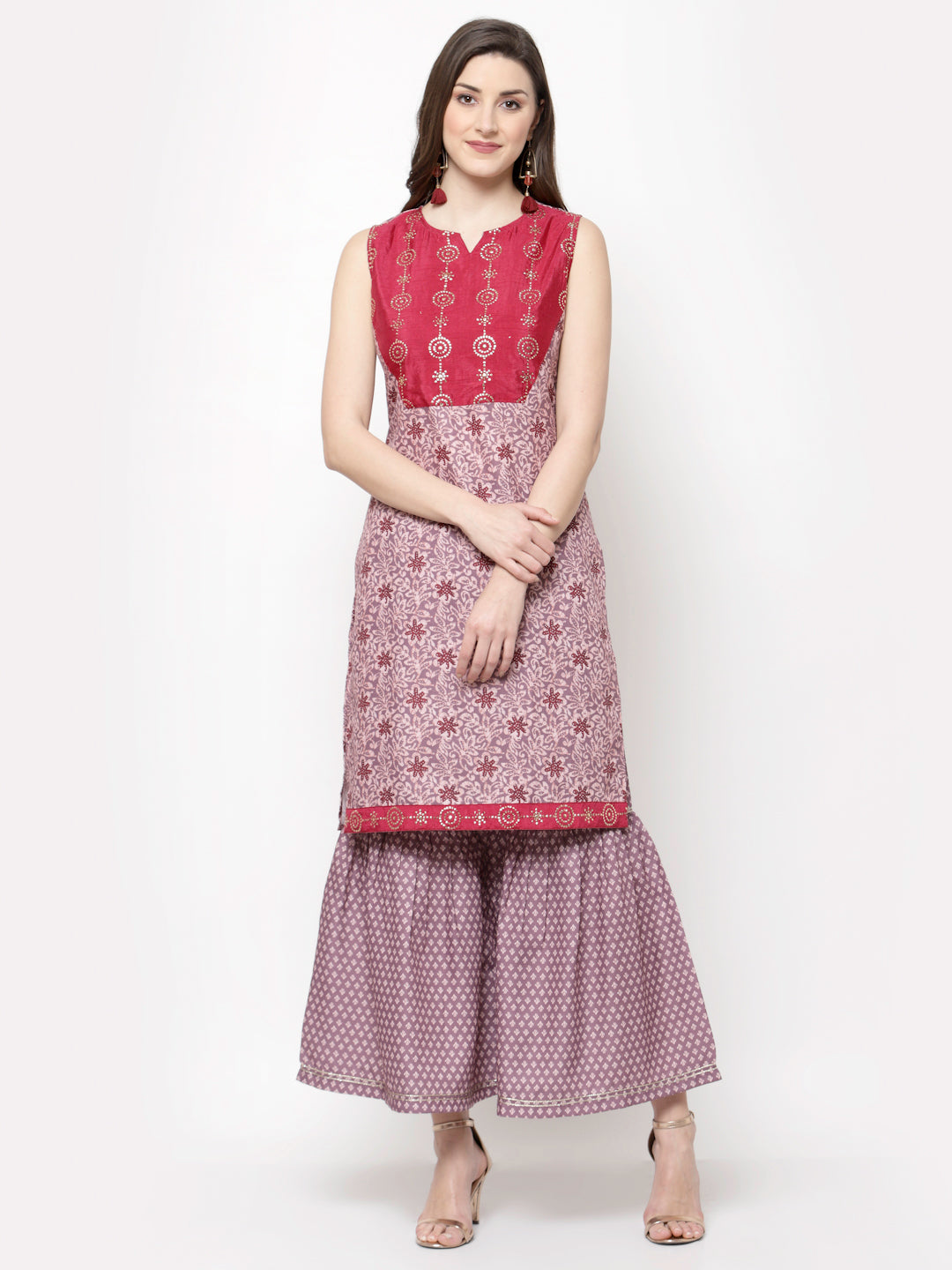 Women's Multicolor cotton blend Printed Sleeveless Round neck Kurta Palazzo Dupatta (3Pieces) set