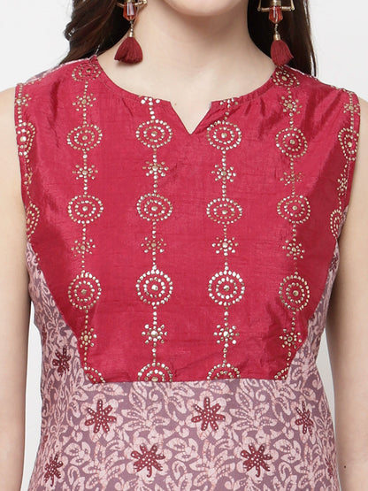 Women's Multicolor cotton blend Printed Sleeveless Round neck Kurta Palazzo Dupatta (3Pieces) set