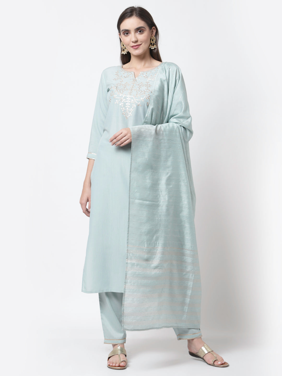 Women Light Blue Silk Blend Suit Set by Myshka (