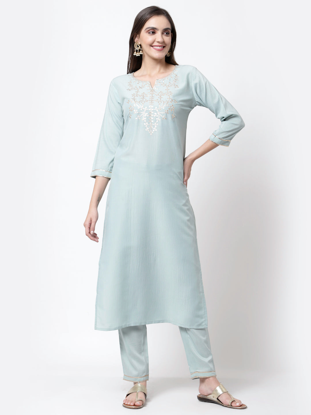 Women Light Blue Silk Blend Suit Set by Myshka (