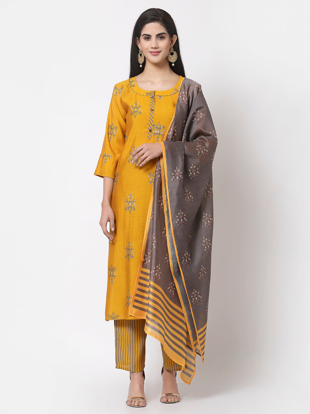Women's Mustard viscose Printed 3/4 Sleeve Round neck Kurta Pant Dupatta (3Pieces) set