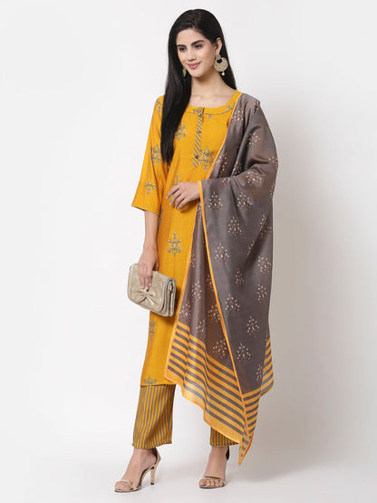 Women's Mustard viscose Printed 3/4 Sleeve Round neck Kurta Pant Dupatta (3Pieces) set