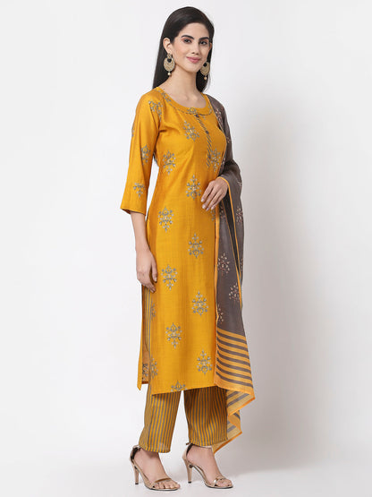 Women's Mustard viscose Printed 3/4 Sleeve Round neck Kurta Pant Dupatta (3Pieces) set