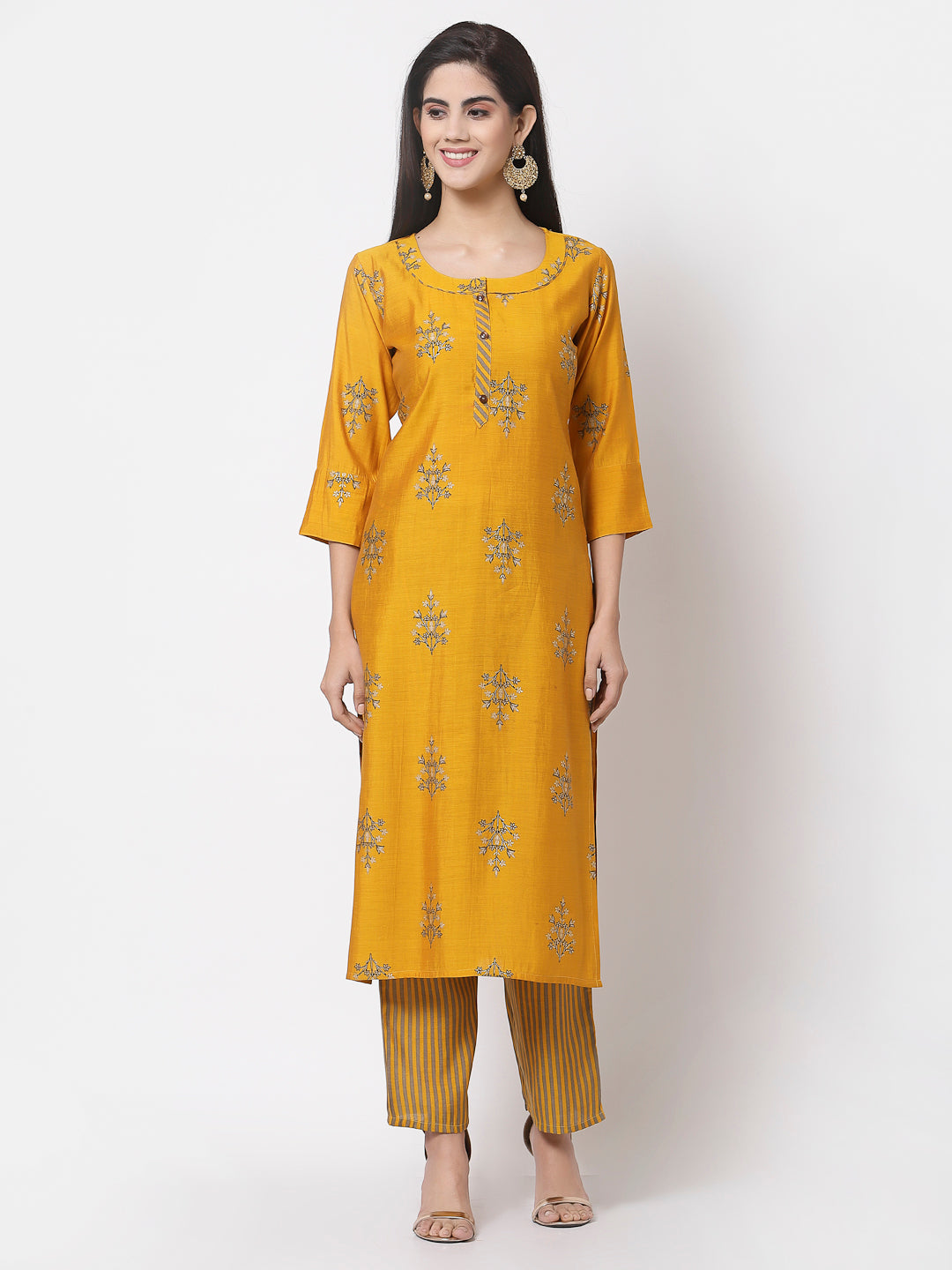 Women's Mustard viscose Printed 3/4 Sleeve Round neck Kurta Pant Dupatta (3Pieces) set