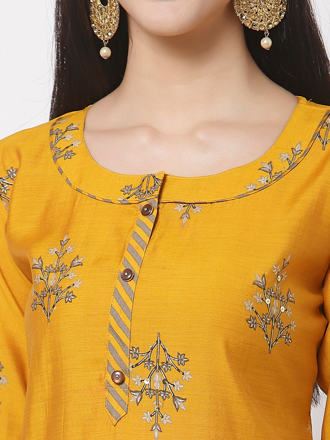 Women's Mustard viscose Printed 3/4 Sleeve Round neck Kurta Pant Dupatta (3Pieces) set