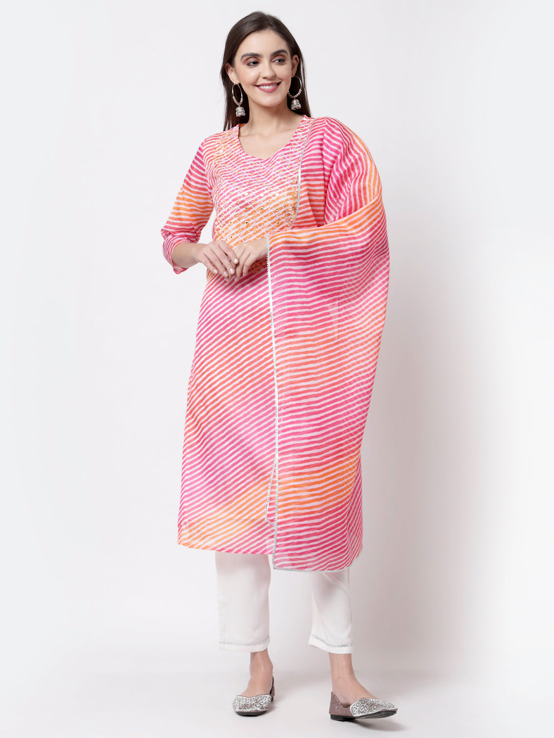 Women's Pink Cotton Printed Kurta with Pant and Dupatta by Myshka (