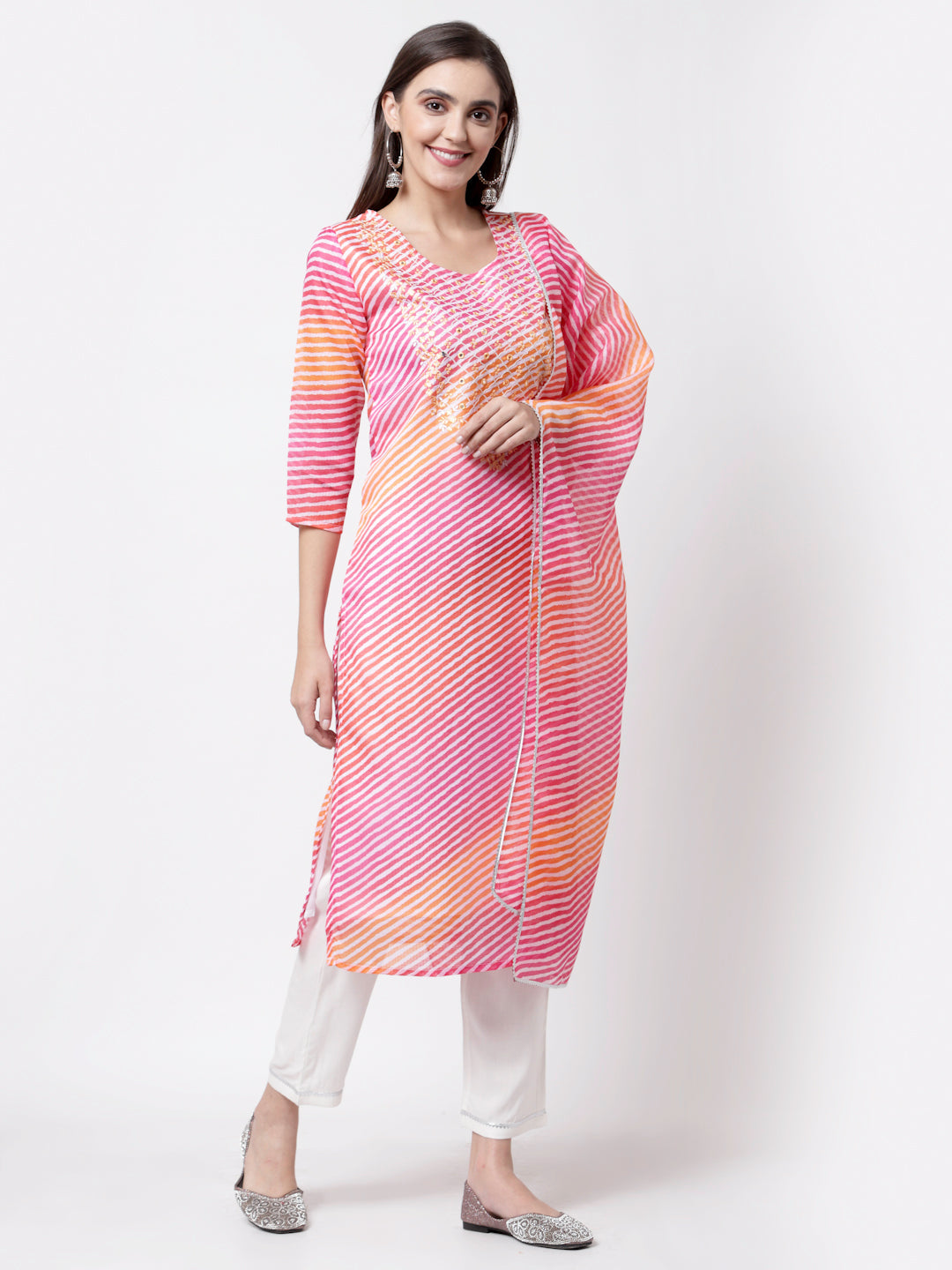 Women's Pink Cotton Printed Kurta with Pant and Dupatta by Myshka (