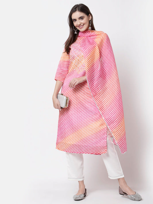 Women's Pink Cotton Printed Kurta with Pant and Dupatta by Myshka (
